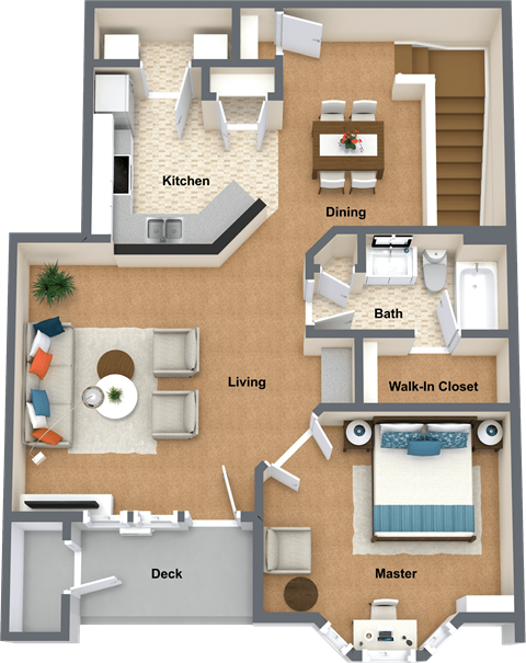 Floor plan for 1 bed, 1 bath, 917 sqft